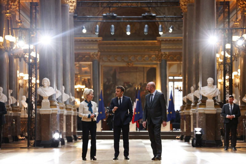 France, Versailles: Informal meeting of Heads of State or Government. French President Emmanuel Macron, the President of the European Council Charles Michel Ursula von der Leyen, President of the European Commission