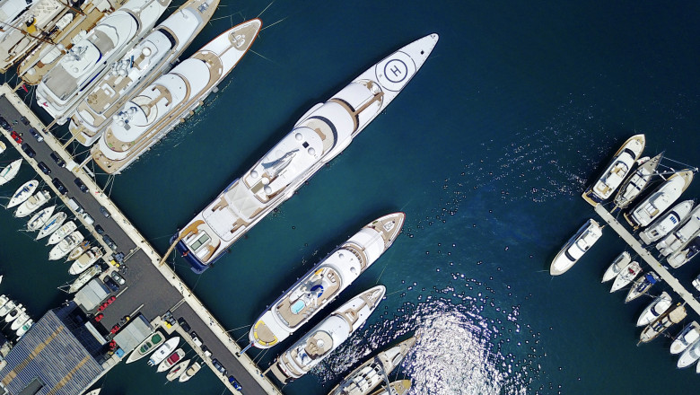 Aerial view of super yachts in harbor on the Mediterranean coast