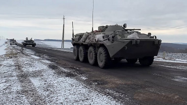Russian military hardware column moves in Ukraine
