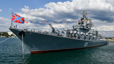 Moskva guided missile cruiser takes part in a Navy Day parade rehearsal, in Sevastopol