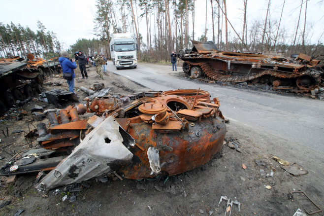 Destroyed enemy equipment near Dmytrivka village, Kyiv Region, Ukraine - 13 Apr 2022