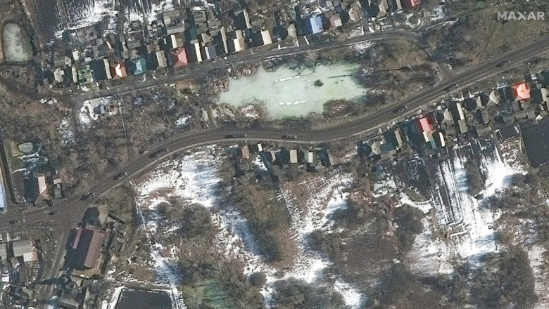 This Maxar satellite image taken and released on February 23, 2022 shows a military convoy, south of Golovchino