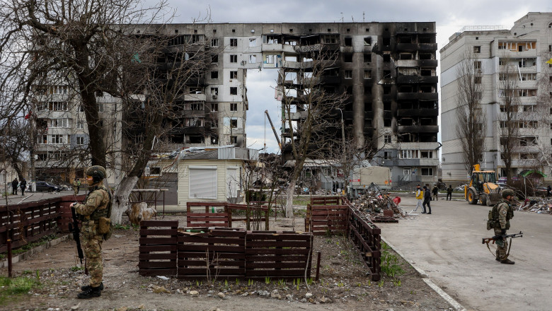 Imagine cu clădirile rezidențiale distruse în Borodyanka, regiunea Kiev