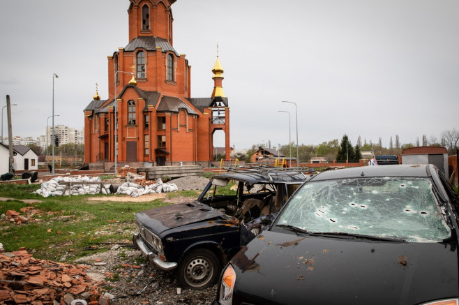 Artillery hit in Northeast Kharkiv city in Ukraine - 23 Apr 2022