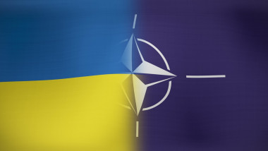 Image of moving and floating flags of nato and ukraine