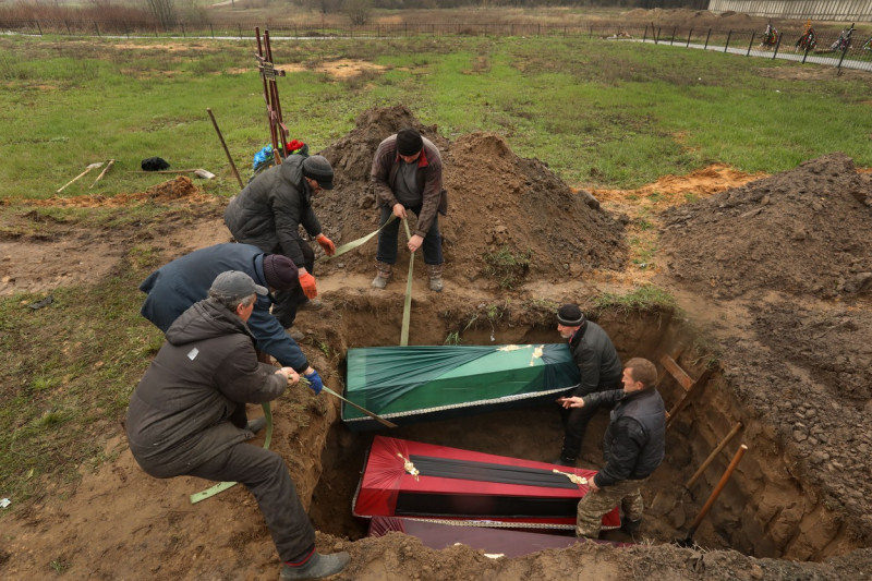 Victims of the violence committed by Russian forces during their invastion continue to be buried in the areas of Bucha and Irpin, Ukraine on April 22, 2022, Bucha, Ukraine - 22 Apr 2022