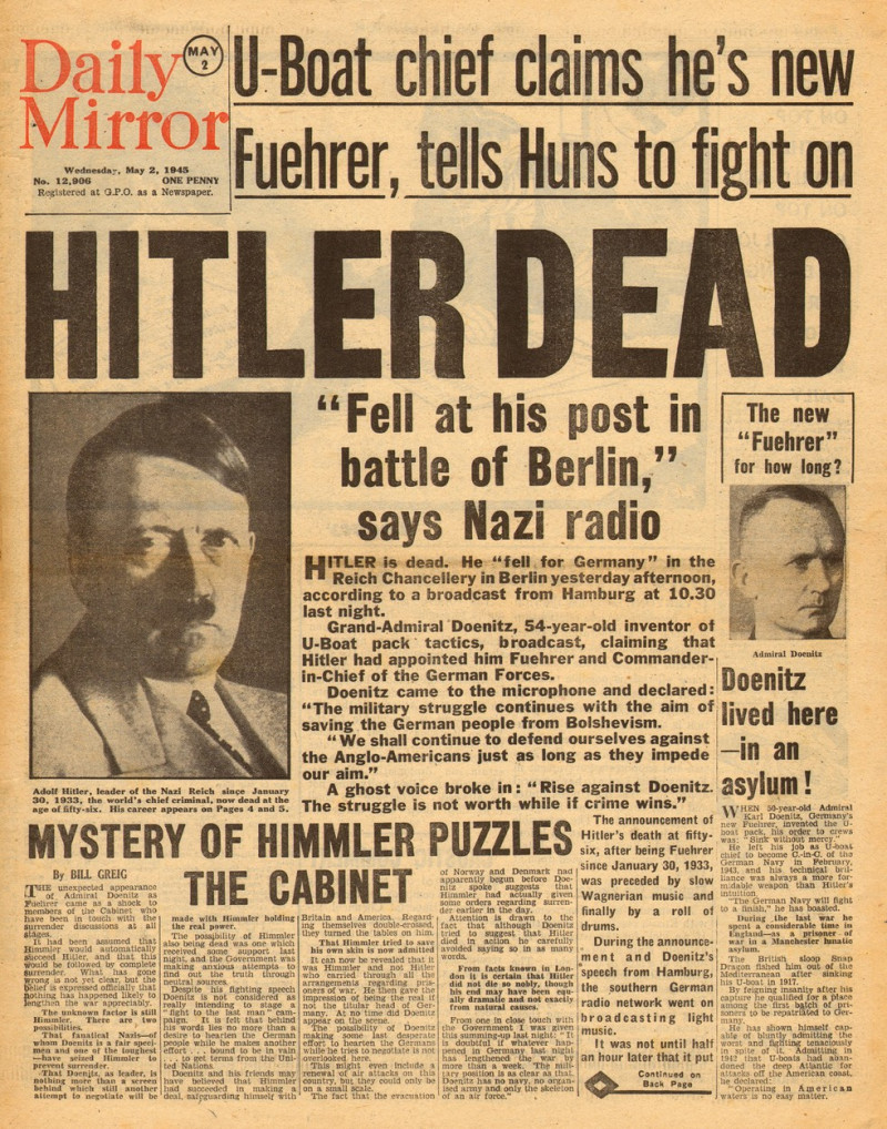 1945 Daily Mirror Adolf Hitler dead