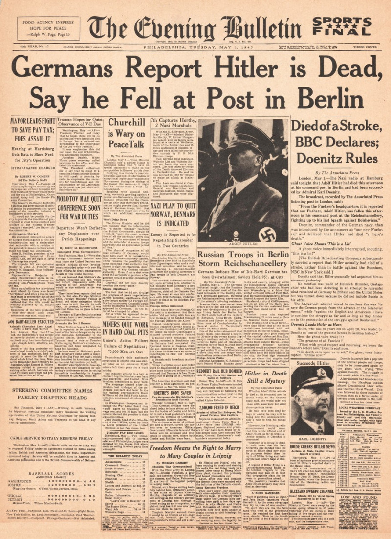 1945 The Evening Bulletin (USA) Death of Adolf Hitler