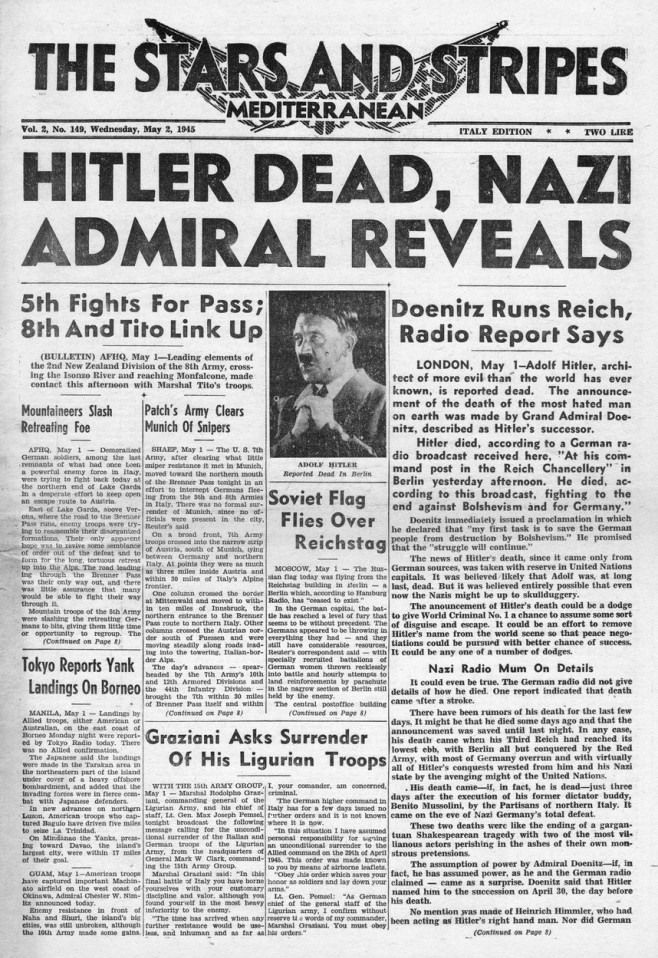 1945 Stars and Stripes Adolf Hitler dead