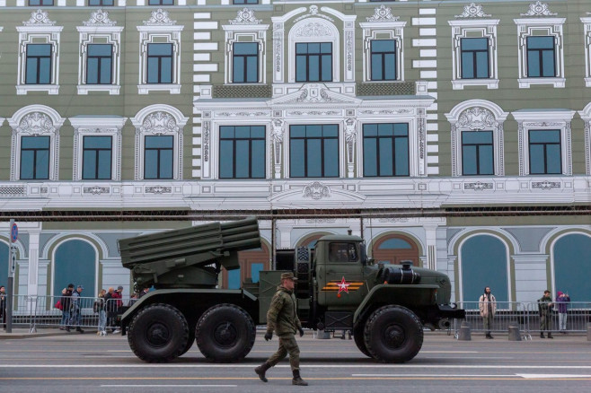 Moscow, Russia. 28th April, 2022. A Tornado-G multiple launch rocket system is seen in Tverskaya Street as it heads to Red Square for a rehearsal of the forthcoming May 9 Victory Day Parade. The parade marks the 77th anniversary of the Allied Victory over