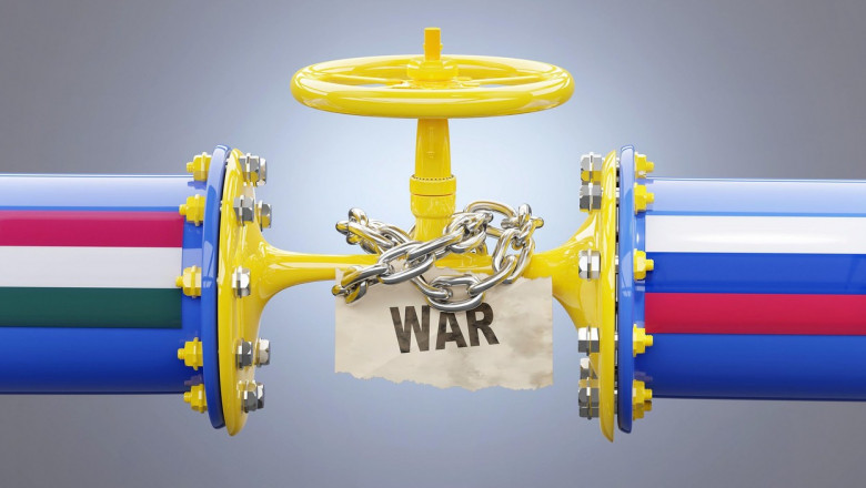 Hungary and Russia oil and gas sanctions, stand-off and war. Squeezed gas pipe symbolizes the LNG embargo, crisis and upcoming price rises., 3d illust