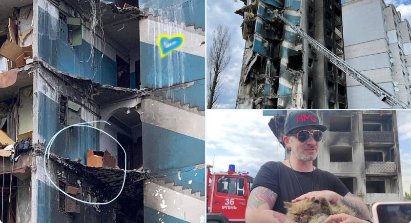 O pisică rămasă blocată într-o clădire bombardată din Borodianka a fost salvată de pompierii ucraineni