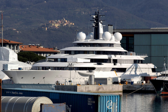 'Scheherazade' presumed yacht of Vladimir Putin, Sea Group shipyard, Marina di Massa, Italy - 25 Mar 2022