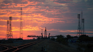 The Soyuz TMA-14M spacecraft is rolled out to the launch pad by train, Kzakhstan, Sep 2014