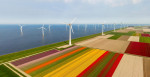 Aerial view of tulip fields and wind turbines in the Noordoostpolder municipality, Flevoland