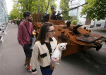 Wreckage of a Russian armored vehicle and an aircraft installed at the national military museum in Kyiv, Ukraine - 08 May 2022