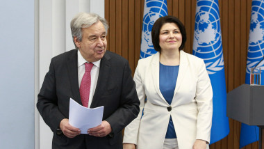 Guterres și Gavrilița cu steagul ONU în spate