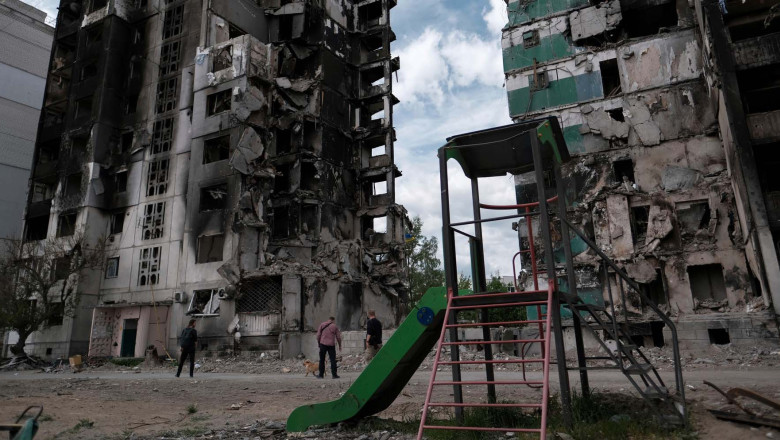 Buildings that were attacked by Russian troop are pictured in Borodianka,