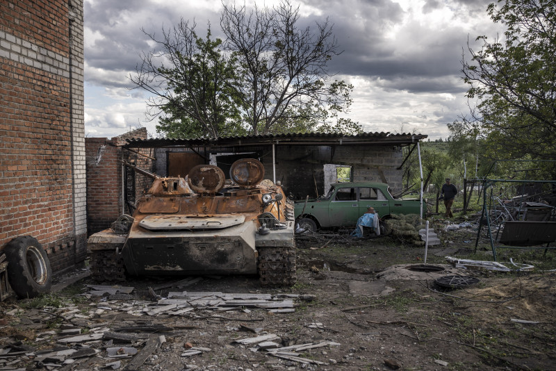 A Russian tank destroyed by Ukrainian Forces in Vilhivka, Ukraine,
