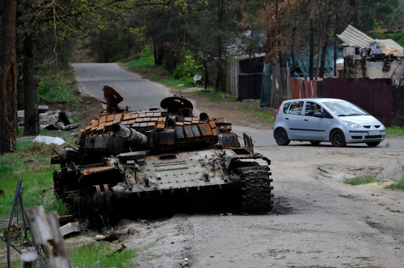 Destroyed Russian army tank in Mykolaivka, Ukraine - 17 May 2022