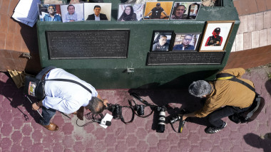 Aerial view showing members of the press holding a demonstration to protest against the murder of journalists in the framework of the National Meeting of Journalists, in Tijuana