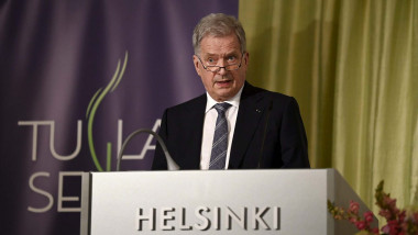 Finnish President Sauli Niinisto speaking during the 40th anniversary seminarium of the Tuglas Society at the Helsinki City Hall