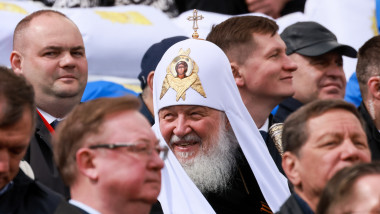 Patriarch Kirill (C) of Moscow and All Russia attends a Victory Day military parade marking the 77th anniversary of the victory over Nazi Germany in World War II