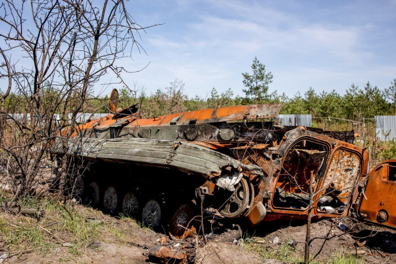 Destroyed Russian armed vehicles and tanks in Kyiv Oblast, Ukraine - 06 May 2022