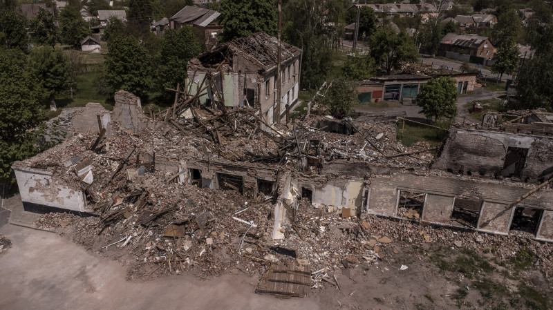 Drone Photo of Secondary School in Merefa, Ukraine damaged after Russians shelled in Mid March.