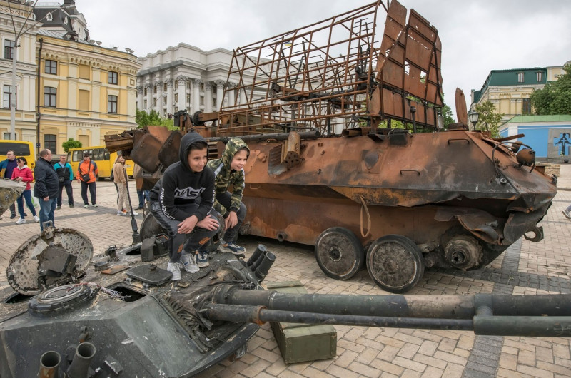 Destroyed Russian Armored Vehicles Displayed For Ukrainians To See At Mykhailivska Square In Kyiv, Ukraine - 22 May 2022