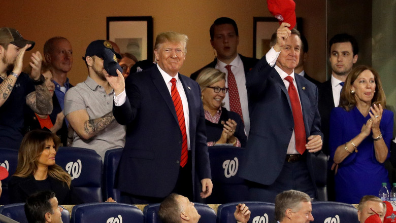 WASHINGTON, DC - OCTOBER 27: President Donald Trump attends Game Five of the 2019 World Series between the Houston Astros and the Washington Nationals at Nationals Park on October 27, 2019 in Washington, DC. (Photo by Will Newton/Getty Images)
