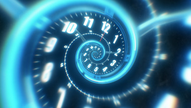 Rotating spiral of a luminous clock from numbers. Abstract 3d illustration