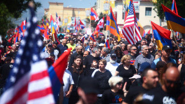 HOLLYWOOD, CALIFORNIA - APRIL 24: Armenians, Armenian descendants and supporters march during a march and rally commemorating the 104th anniversary of the Armenian genocide on April 24, 2019 in Hollywood, California. Greater Los Angeles is home to the largest number of Armenians in the world outside of Armenia. (Photo by Mario Tama/Getty Images)