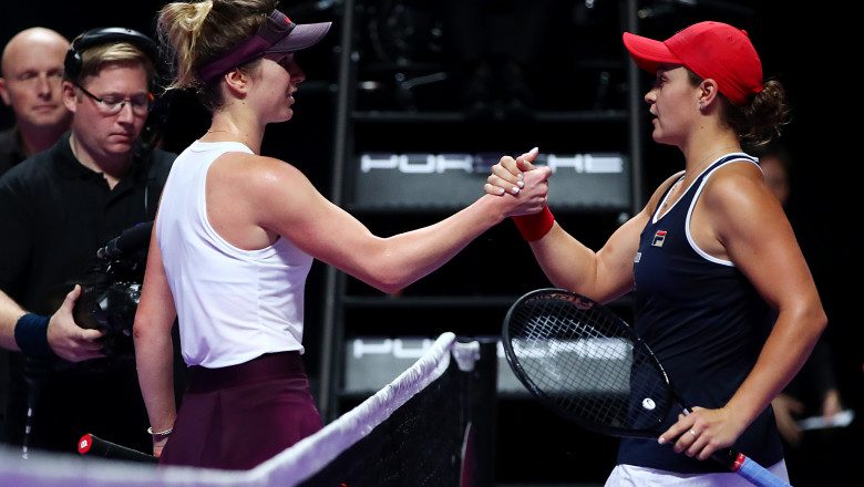 SHENZHEN, CHINA - NOVEMBER 03: Ashleigh Barty (R) of Australia is congratulated by Elina Svitolina of Ukraine after winning her Women's Singles final match on Day Eight of the 2019 Shiseido WTA Finals at Shenzhen Bay Sports Center on November 03, 2019 in Shenzhen, China. (Photo by Clive Brunskill/Getty Images)