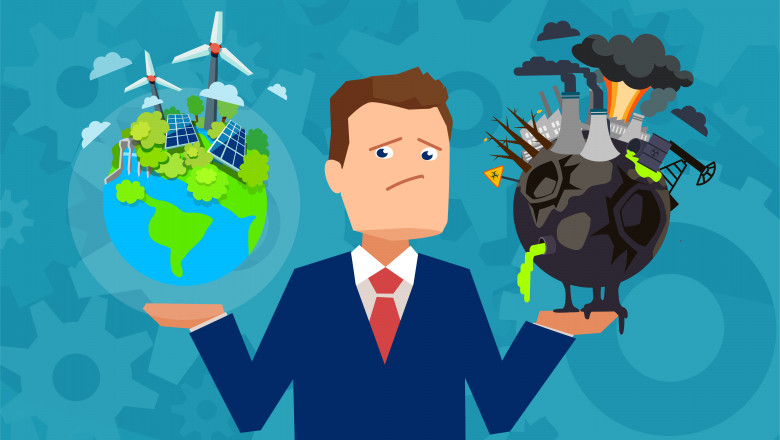 Flat design vector of a man holding healthy and prosperous earth in comparison with damaged planet making choice.