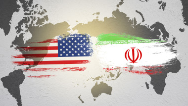 USA and Iran flag on world map. United state of America and Iran have conflict in nuclear weapons and Strait of Hormuz.