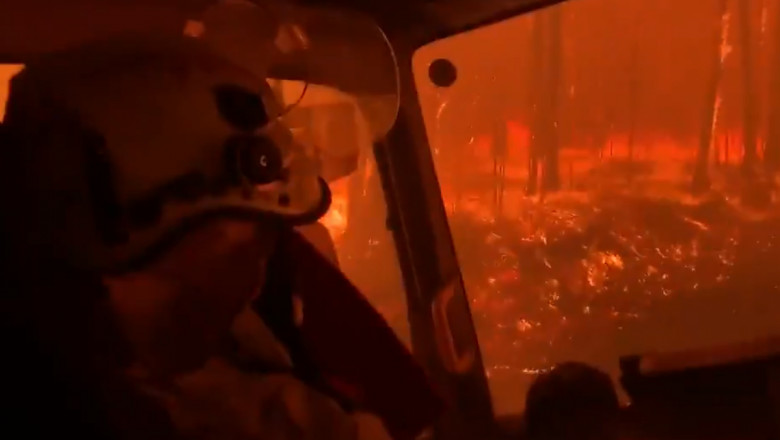 pompieri australieni, în mașină, surprinși în incendiu, într-o pădure care arde