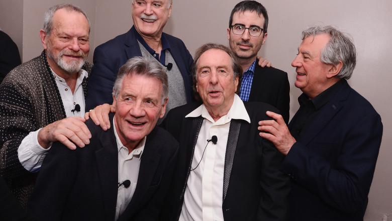 NEW YORK, NY - APRIL 24: (L-R) Terry Gilliam, Michael Palin, John Cleese, Eric Idle, John Oliver, and Terry Jones pose for a photo backstage at the "Monty Python And The Holy Grail" special screening during the 2015 Tribeca Film Festival at Beacon Theatre on April 24, 2015 in New York City. (Photo by Stephen Lovekin/Getty Images for the 2015 Tribeca Film Festival)