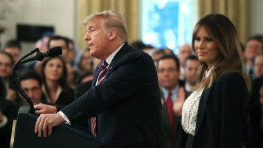 WASHINGTON, DC - FEBRUARY 06: U.S. President Donald Trump speaks while flanked by first lady Melania Trump one day after the U.S. Senate acquitted him on two articles of impeachment, in the East Room of the White House February 6, 2020 in Washington, DC. After five months of congressional hearings and investigations about President Trump’s dealings with Ukraine, the U.S. Senate formally acquitted the president of charges that he abused his power and obstructed Congress (Photo by Mark Wilson/Getty Images)