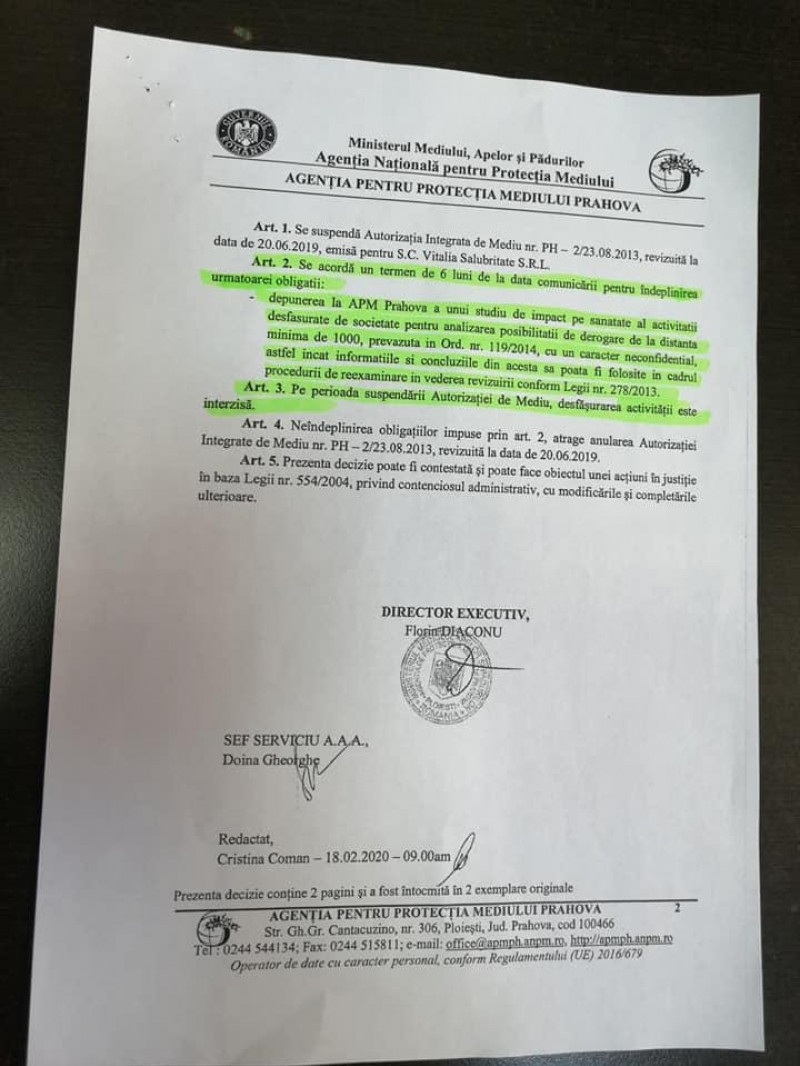 Decizie Autoritatea pentru Mediu supendare activitate depozit deșeuri Vitalia Băicoi