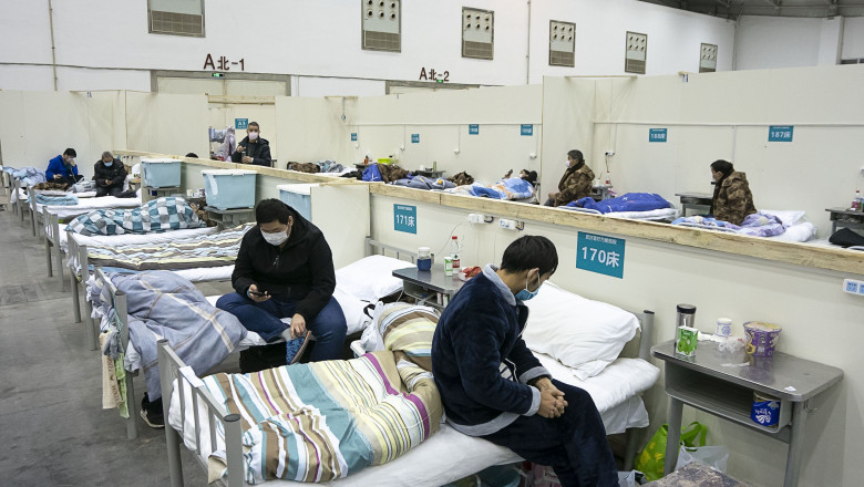 Patients are seen at a temporary hospital converted from 'Wuhan Livingroom' in central China's Hubei Province. Coronavirus Outbreak, Wuhan, China - 10 Feb 2020 In face of the outbreak of the novel coronavirus pneumonia epidemic, Wuhan authorities have transformed public venues such as exhibition centers and gymnasiums into temporary hospitals. The hospitals have a large capacity of treating patients with mild symptoms and play an important role in isolating the source of infection and cutting off the routes of infection during epidemic prevention. The first batch of patients was hospitalized on Feb. 5., Image: 497648117, License: Rights-managed, Restrictions: , Model Release: no, Credit line: CHINE NOUVELLE/SIPA / Shutterstock Editorial / Profimedia
