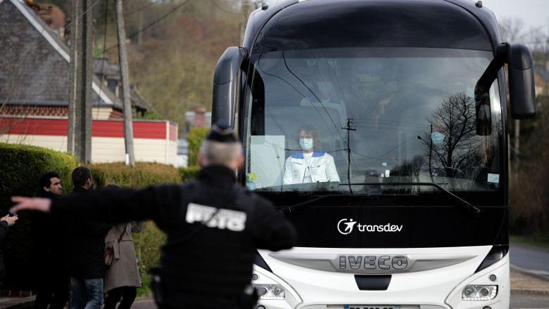 A bus with 34 French citizens repatriated from Wuhan arrive at the "Normandy Garden" hollyday resort on February 21, 2020 in Branville, Normandy, to be quarantined as part of a repatriation plan from the COVID-19 coronavirus hot zone., Image: 500095182, License: Rights-managed, Restrictions: , Model Release: no, Credit line: LOU BENOIST / AFP / Profimedia