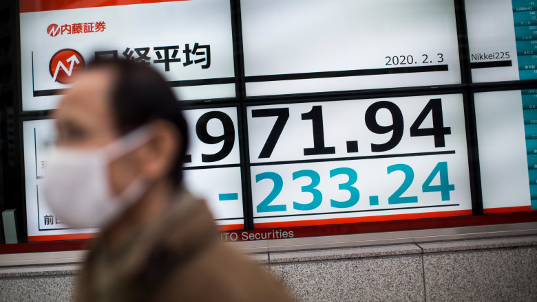 A pedestrian wearing a face mask walks past a stock indicator displaying share prices of the Tokyo Stock Exchange in Tokyo on February 3, 2020. Tokyo stocks dropped on February 3 as the Chinese market plunged after investors returned from an extended holiday during which the new coronavirus outbreak drove down the global market., Image: 496164297, License: Rights-managed, Restrictions: , Model Release: no, Credit line: Behrouz MEHRI / AFP / Profimedia