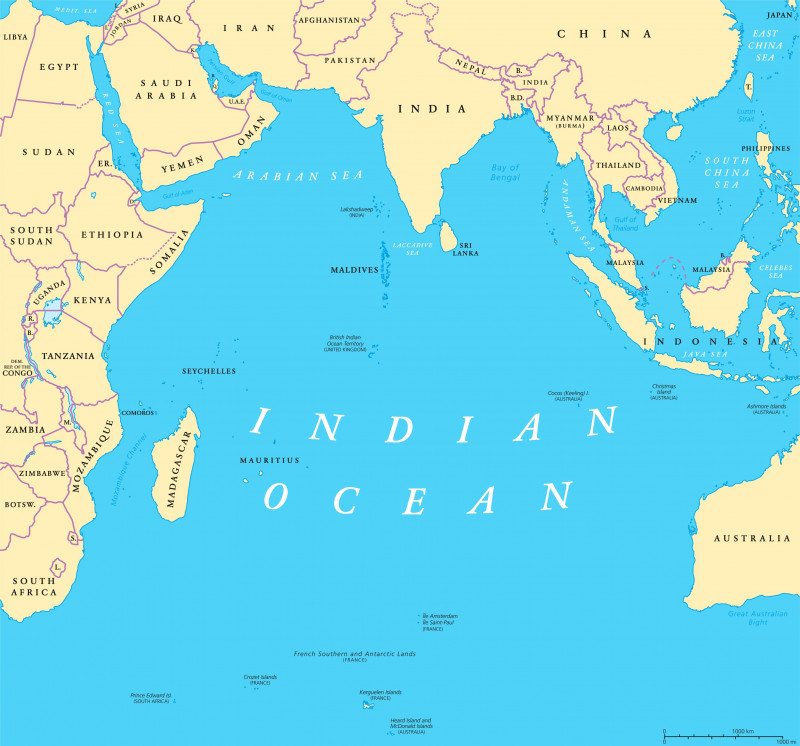 Indian Ocean political map. Countries and borders. World's third largest ocean division, bounded by Africa, Asia, Antarctica and Australia.