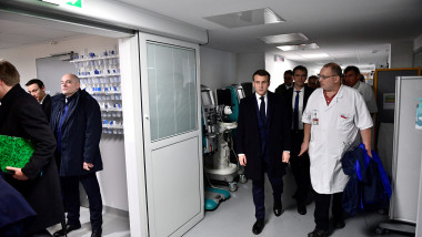 French President Emmanuel Macron visits the Pitie-Salpetriere hospital