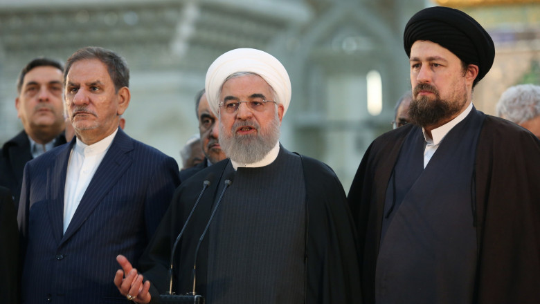 A handout picture provided by the Iranian presidency on February 2, 2020 shows President HASSAN ROUHANI visiting the mausoleum of the late founder of the Islamic Republic, Ayatollah Ruhollah Khomeini, while accompanied by First Vice President Eshaq Jahangiri and Khomeini's grandson Hassan Khomeini in southern Tehran on the occasion of the 41st anniversary of Khomeini's return from exile. Credit Image: Iranian Presidency via ZUMA Wire Pictured: GV,General View, Image: 496049804, License: Rights-managed, Restrictions: -ARG, -BEL, -CHN, -CZE, -FIN, -HUN, -JPN, -MEX, -NLD, -NOR, -PER, -PRT, -SVN, -SWE, -CHE, -TWN, -GBR, Model Release: no, Credit line: Zuma / SplashNews.com / Splash / Profimedia