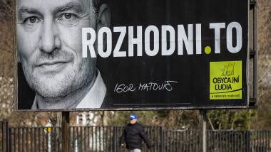 BRATISLAVA, SLOVAKIA - FEBRUARY 21: An election poster of leader of the Ordinary People and Independent Personalities (OLaNO) party, Igor Matovic on February 21, 2020 in Bratislava, Slovakia. Slovakia will be holding parliamentary elections on 29 February 2020. (Photo by Gabriel Kuchta/Getty Images)