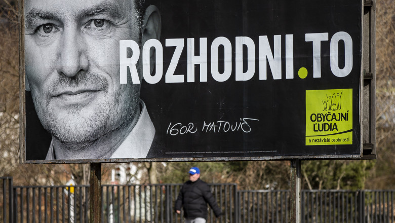 BRATISLAVA, SLOVAKIA - FEBRUARY 21: An election poster of leader of the Ordinary People and Independent Personalities (OLaNO) party, Igor Matovic on February 21, 2020 in Bratislava, Slovakia. Slovakia will be holding parliamentary elections on 29 February 2020. (Photo by Gabriel Kuchta/Getty Images)