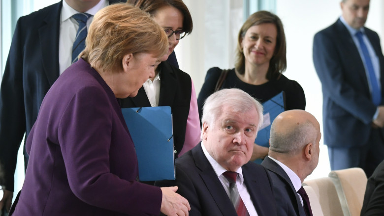 German Chancellor Angela Merkel (L) greets German Interior Minister Horst Seehofer as she arrives for a summit on integration at the Chancellery in Berlin on March 2, 2020. German Chancellor Angela Merkel is hosting the summit, where politicians, scientists, representatives of the economy, the media, social associations and of the civil society meet to discuss issues of the country's integration policy., Image: 502310728, License: Rights-managed, Restrictions: , Model Release: no, Credit line: John MACDOUGALL / AFP / Profimedia