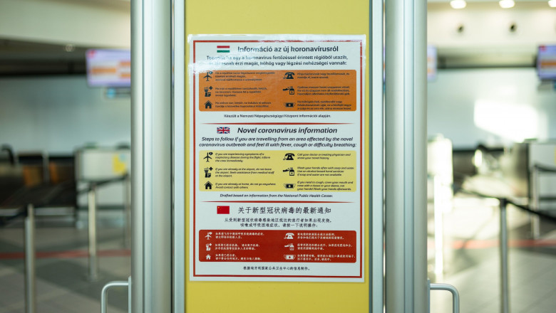 Budapest, Hungary - Febr 25, 2020: Ferenc Liszt International Airport, Budapest. Warning sign advises on epidemic illness from Coronavirus 2019-nCoV in Hungarian, English and Chinese, Image: 502938238, License: Rights-managed, Restrictions: Contributor country restriction: Worldwide, Worldwide, Worldwide, Worldwide, Worldwide, Worldwide. Contributor usage restriction: Advertising and promotion, Consumer goods, Direct mail and brochures, Indoor display, Internal business usage, Commercial electronic. Contributor media restriction: {E61256D9-DD8A-4B3E-9B6A-A6D3713CB98C}, {E61256D9-DD8A-4B3E-9B6A-A6D3713CB98C}, {E61256D9-DD8A-4B3E-9B6A-A6D3713CB98C}, {E61256D9-DD8A-4B3E-9B6A-A6D3713CB98C}, {E61256D9-DD8A-4B3E-9B6A-A6D3713CB98C}, {E61256D9-DD8A-4B3E-9B6A-A6D3713CB98C}., Model Release: no, Credit line: Roland Nagy / Alamy / Alamy / Profimedia